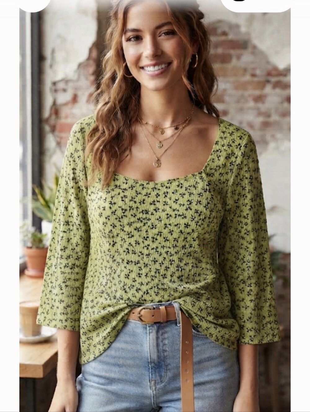 INC International Concepts square-neck top small dark flowers Green Size XLARGE